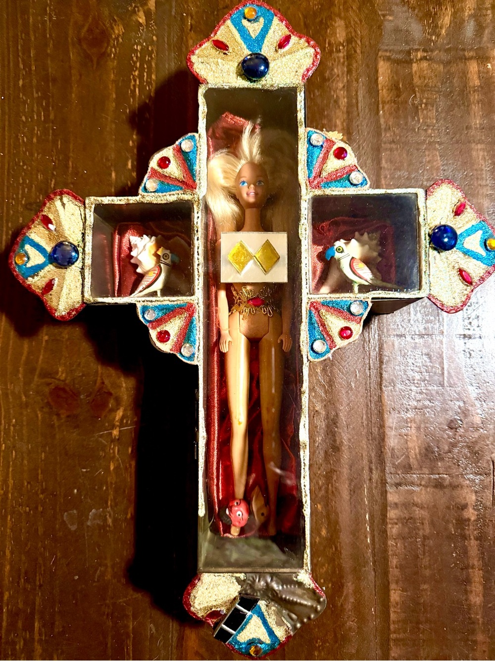 VTG Lord Barbie In Glass & Brass ShadowBox Cross Art